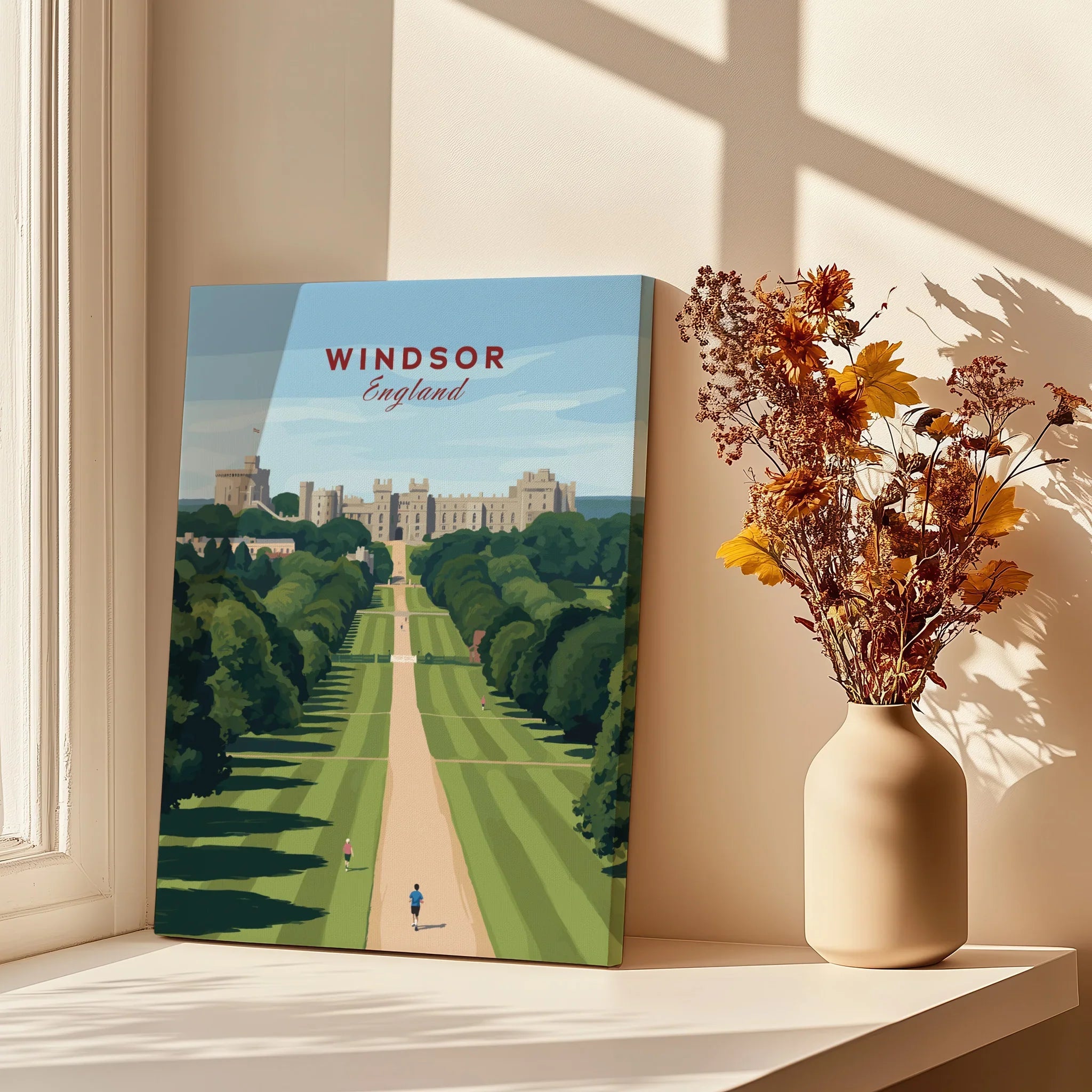 Windsor England travel poster canvas print on windowsill with vase of dried flowers
