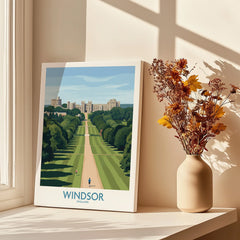 Windsor England travel poster canvas on windowsill with vase of dried flowers in sunlight