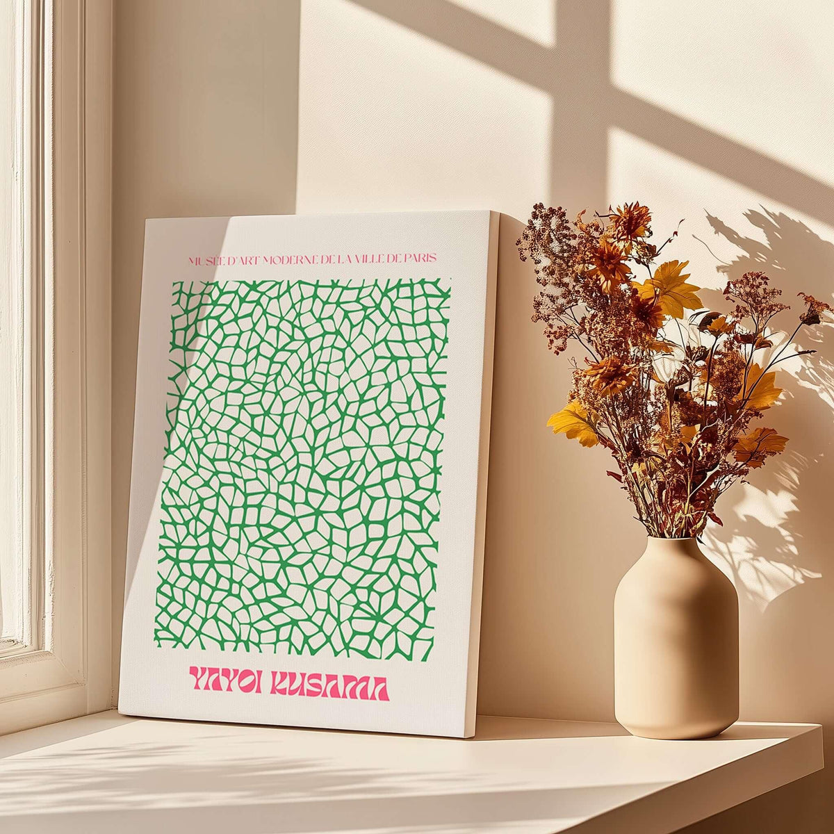 Yayoi Kusama Green Net Pattern Abstract Contemporary Art Print Paris Poster Decor displayed in a bright room with flowers.
