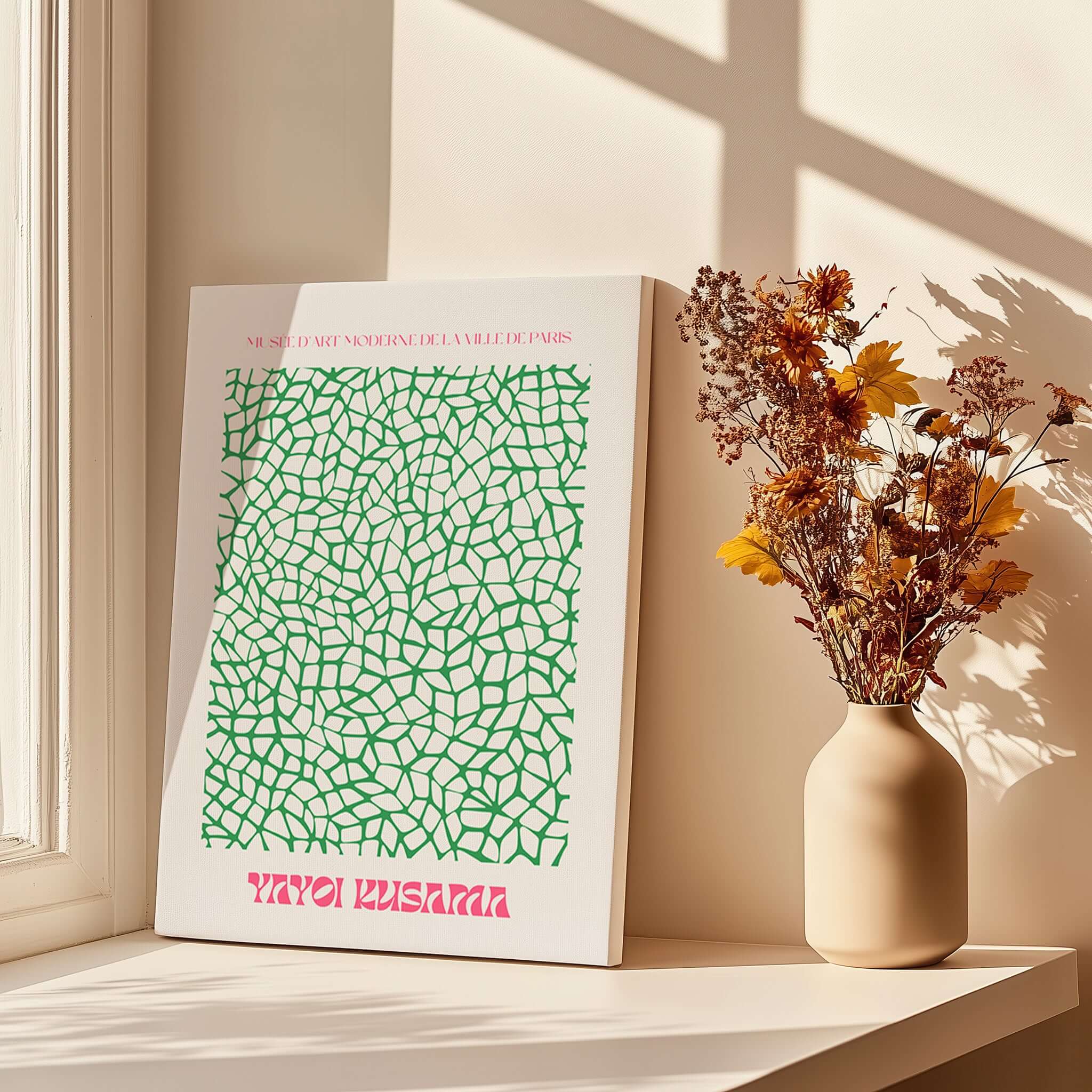 Yayoi Kusama Green Net Pattern Abstract Contemporary Art Print Paris Poster Decor displayed in a bright room with flowers.
