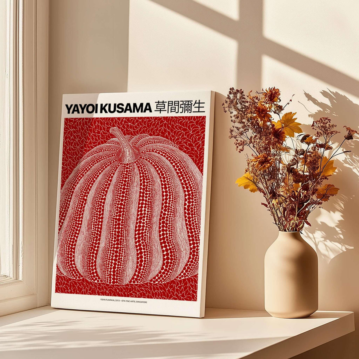 Yayoi Kusama Red White Pumpkin 2013 Singapore Exhibition Art Print Poster Polka Dot displayed in a bright interior setting.