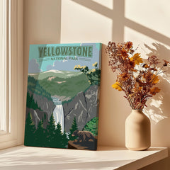 Yellowstone National Park canvas print with waterfall, next to vase of dried flowers on windowsill