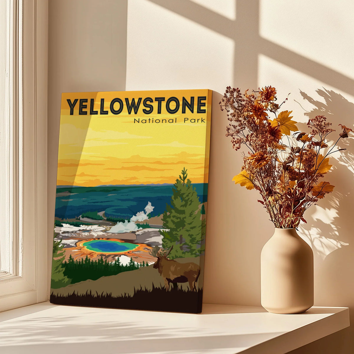 Yellowstone National Park art print with sunset, elk, trees, and vase with dried flowers by window