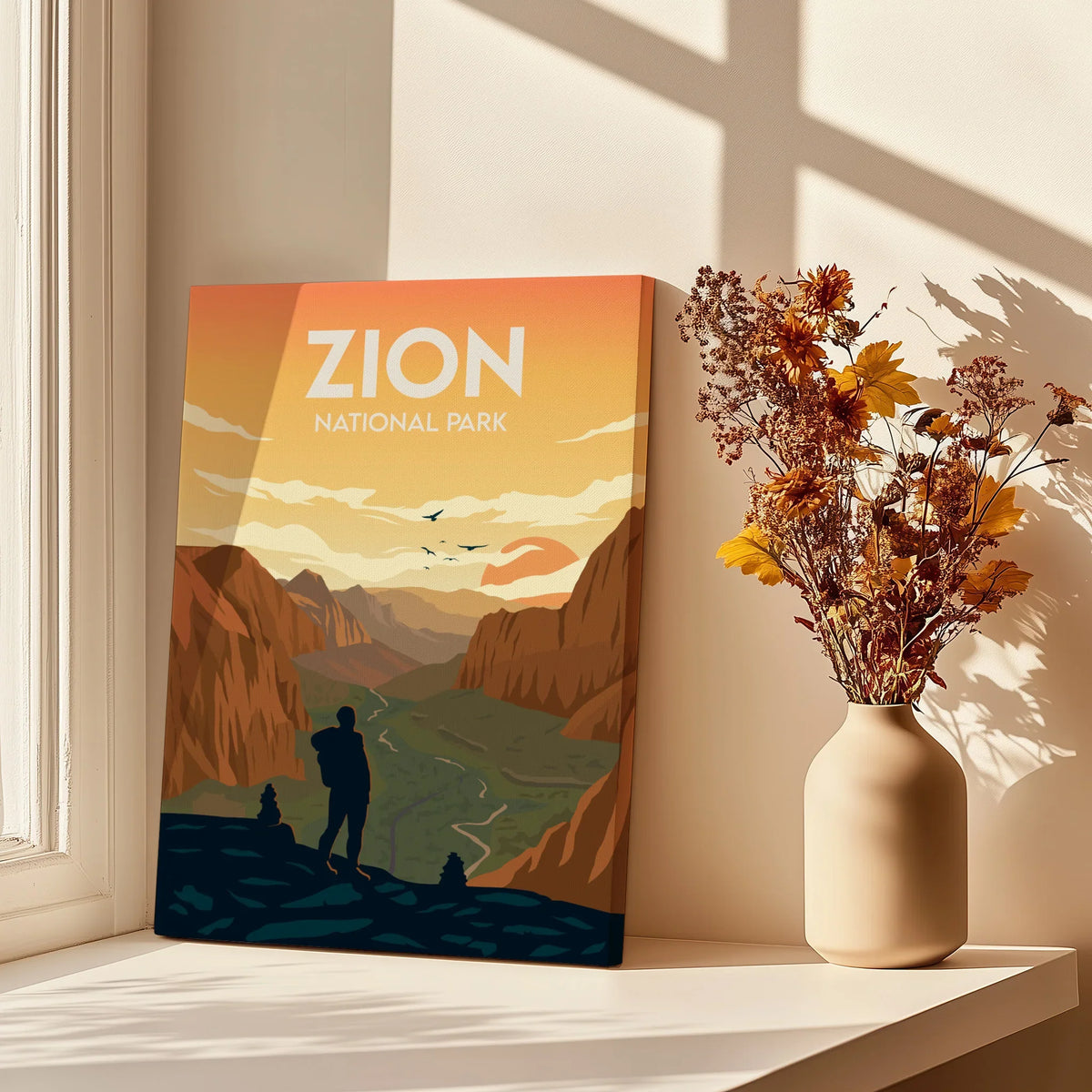 Zion National Park travel poster print by a sunlit window with vase of dried flowers