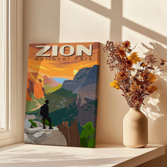 Zion National Park canvas print with hiker, sunlight, and vase of dried flowers on windowsill