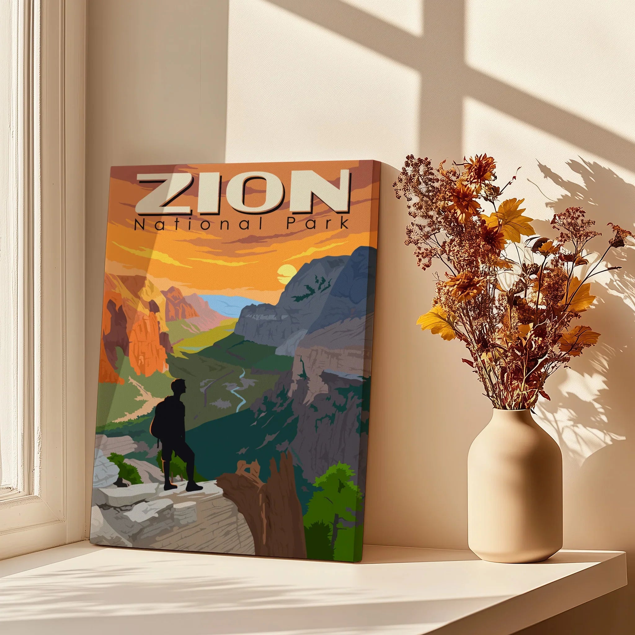 Zion National Park canvas print with hiker, sunlight, and vase of dried flowers on windowsill