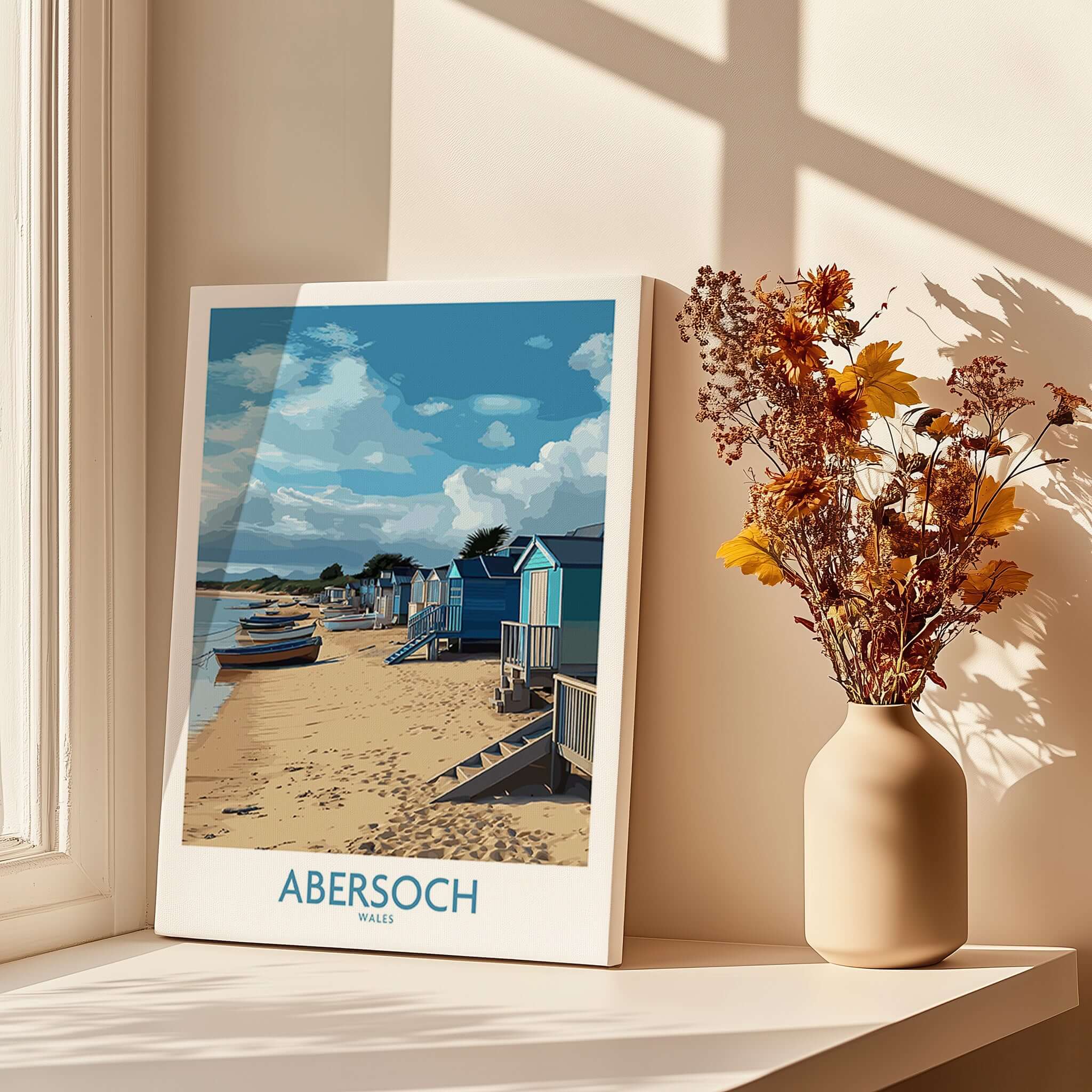 Abersoch Wales Beach Huts Art Print | Coastal Boats Wall Decor Poster showcasing colorful beach huts and boats on sandy shore.