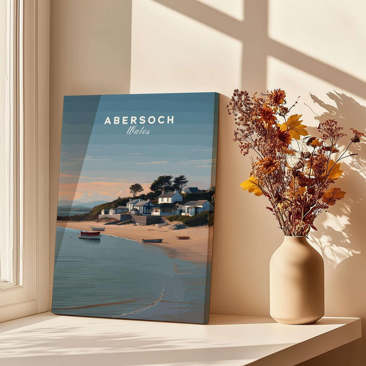 Abersoch Llyn Peninsula Shoreline View Canvas Print | Welsh Seaside Travel Poster displayed with flowers