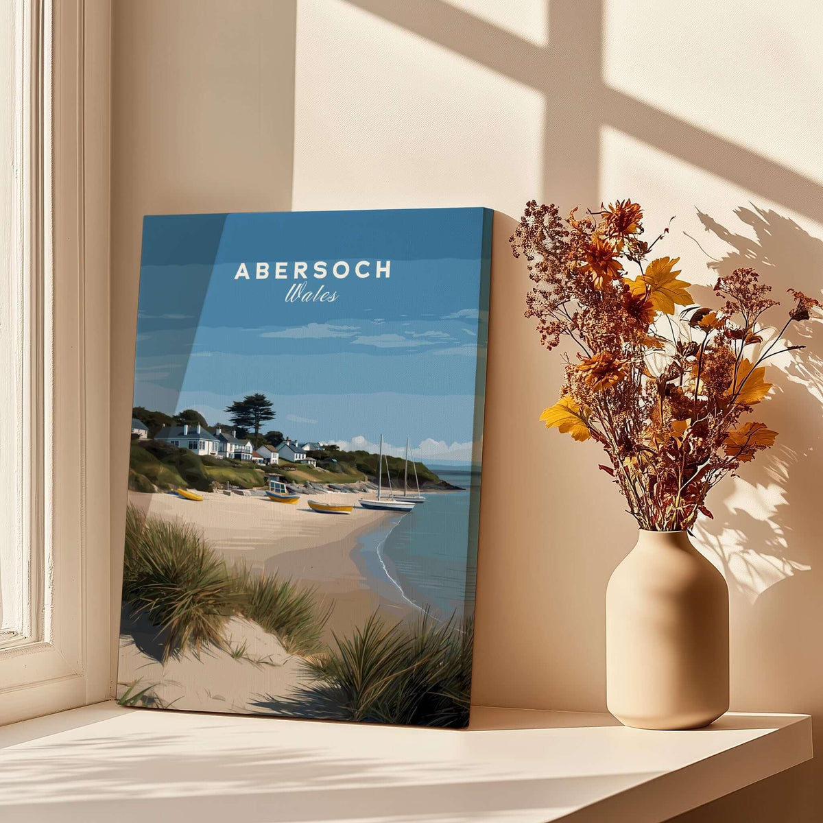 Abersoch Llyn Peninsula Boating Scene Canvas Print | Welsh Seaside Home Decor displayed with beach and floral decor