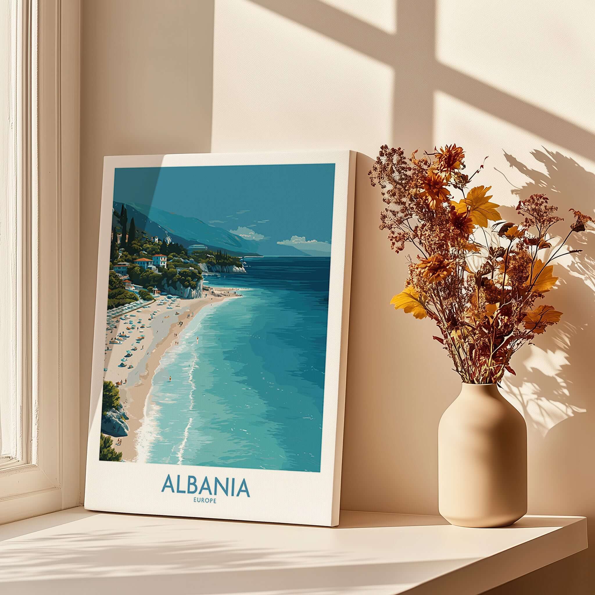 Albania Art Print | Turquoise Water Coastal Wall Decor showcasing a stunning beach with turquoise waters and coastal scenery.