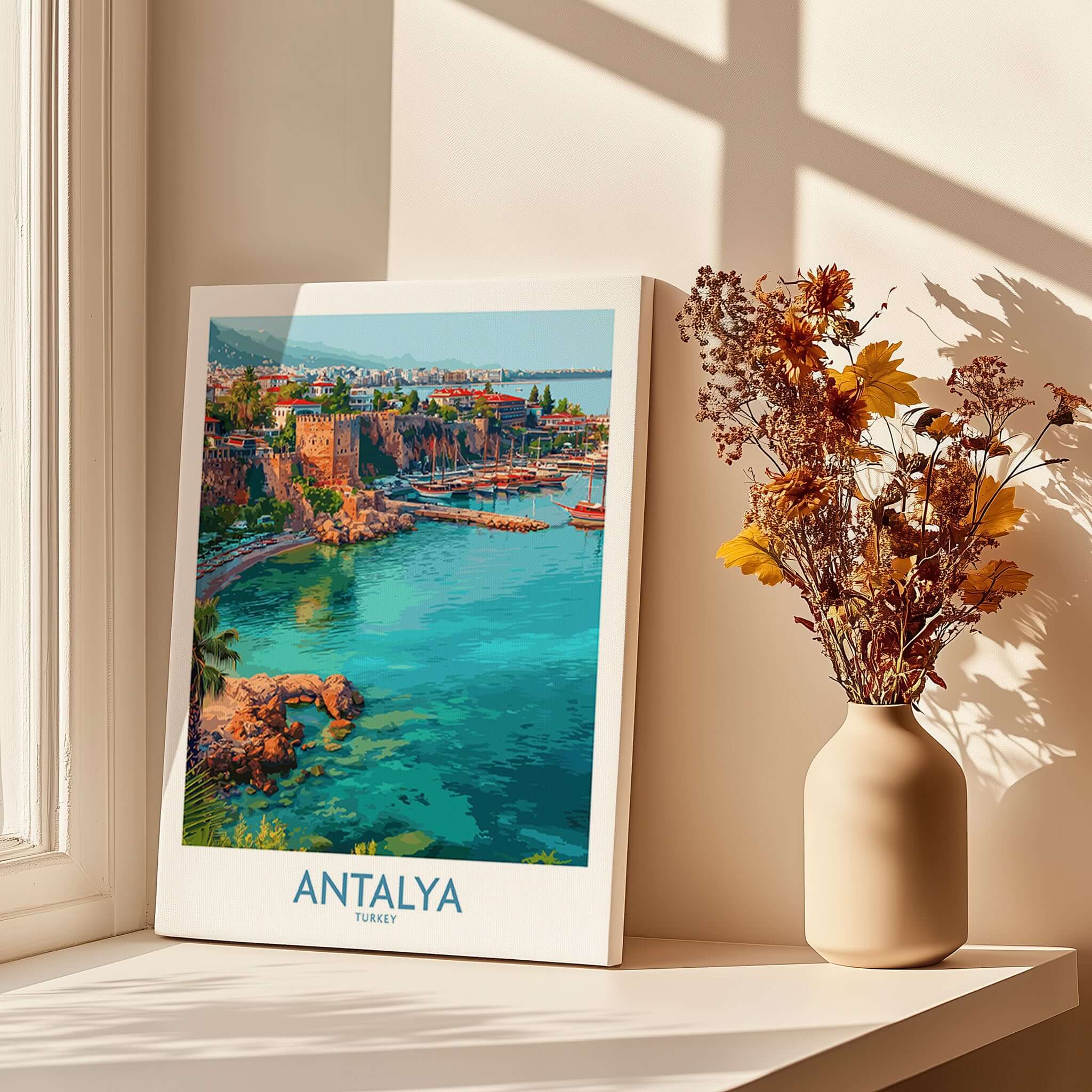 Antalya Turkey Old Harbor Art Print | Mediterranean Bay Travel Poster displayed near a vase of flowers.