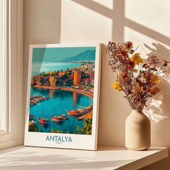 Antalya Turkey Kaleci Port Art Print | Historic Red Tower Poster displayed near a vase with dried flowers.