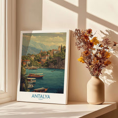 Antalya Turkey Harbour Cliff Art Print | Taurus Mountains View Poster displayed in a bright interior setting.