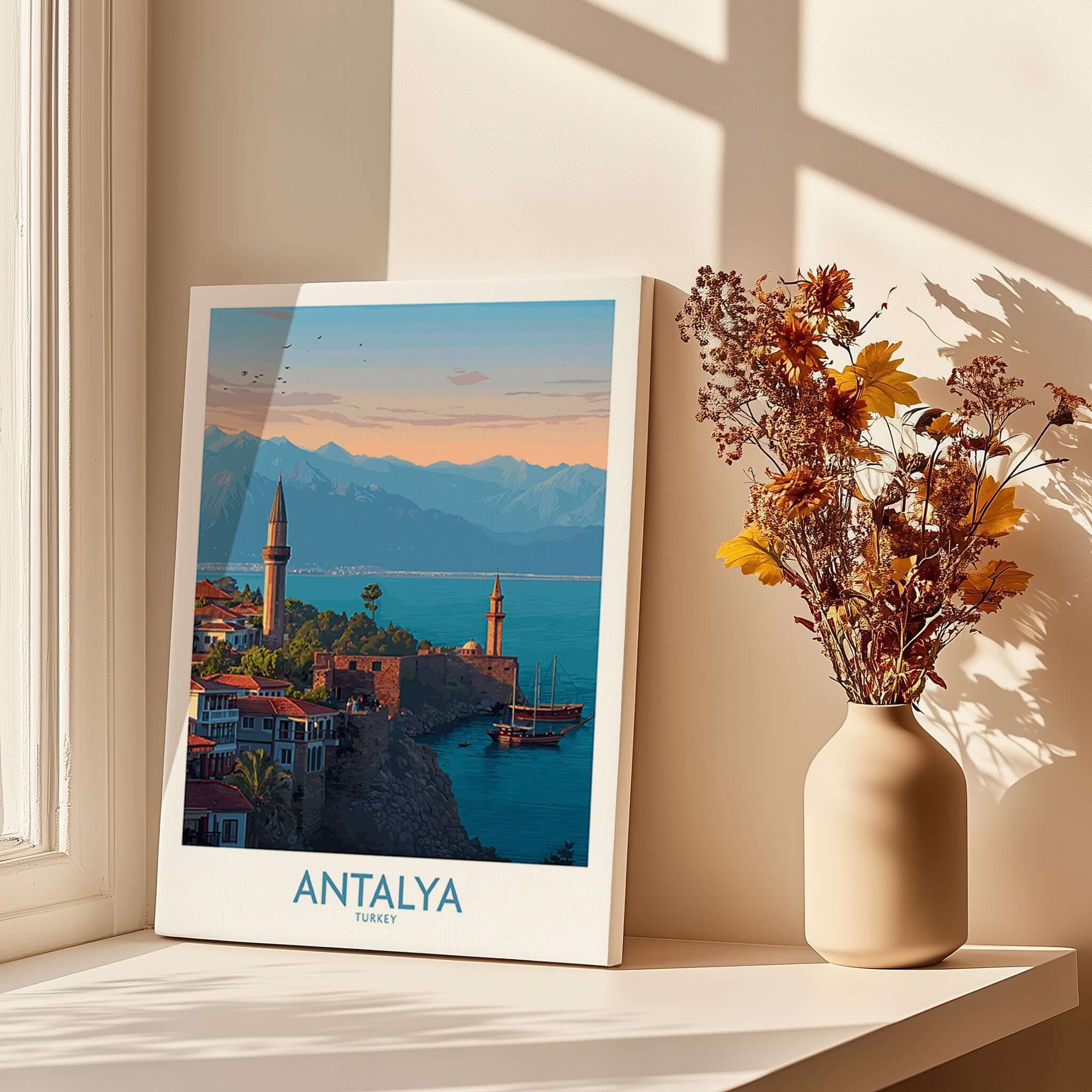 Antalya Turkey Art Print | Historic Coastal City Poster featuring scenic views of Antalya's harbor and mountains.