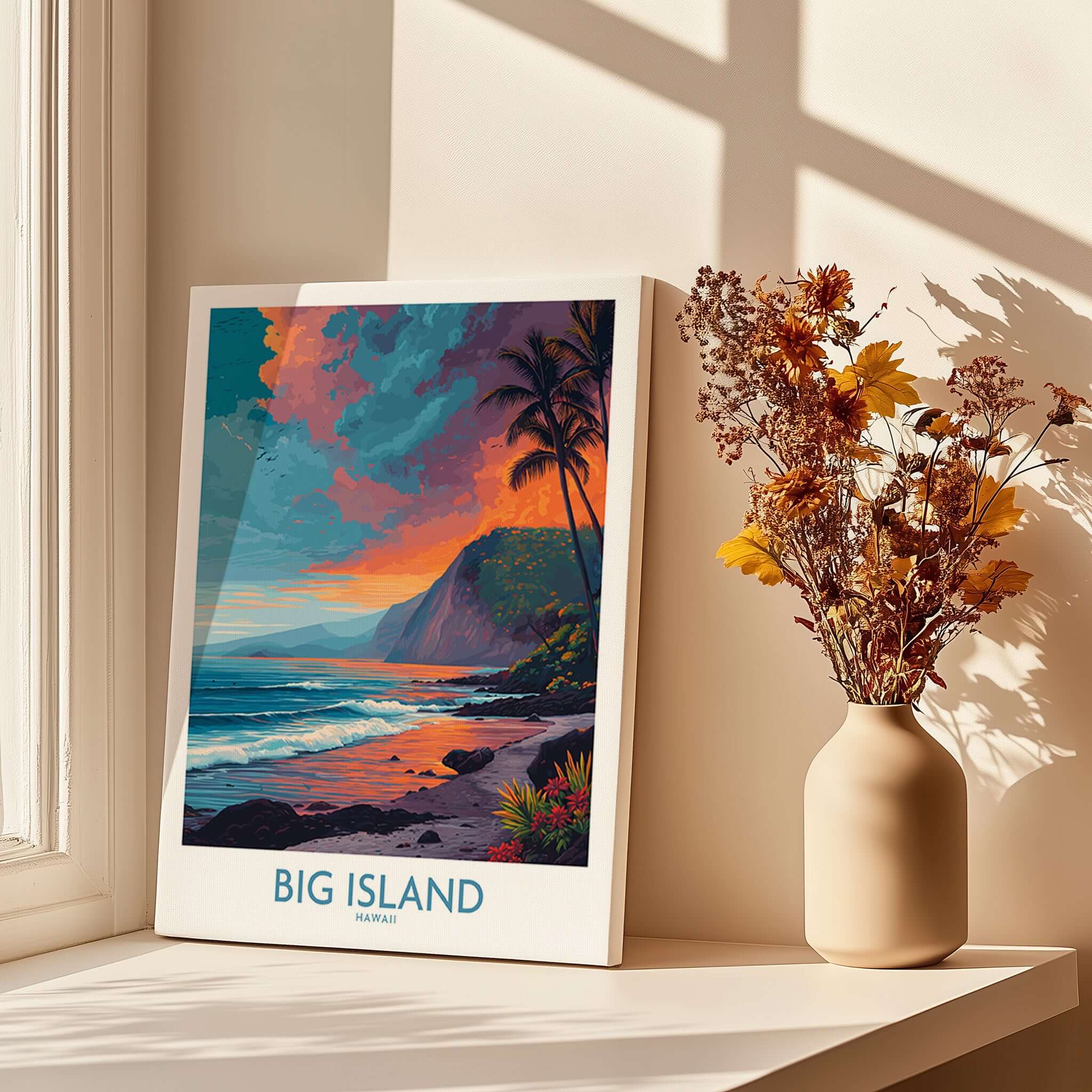 Big Island Hawaii Sunset Beach Art Print | Tropical Palm Tree Poster displayed in a sunlit room with a vase of flowers.