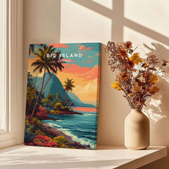 Big Island Hawaii Kona Coast Canvas Art Print | Vibrant Hawaiian Wall Art displayed in a sunlit room with a vase of flowers.