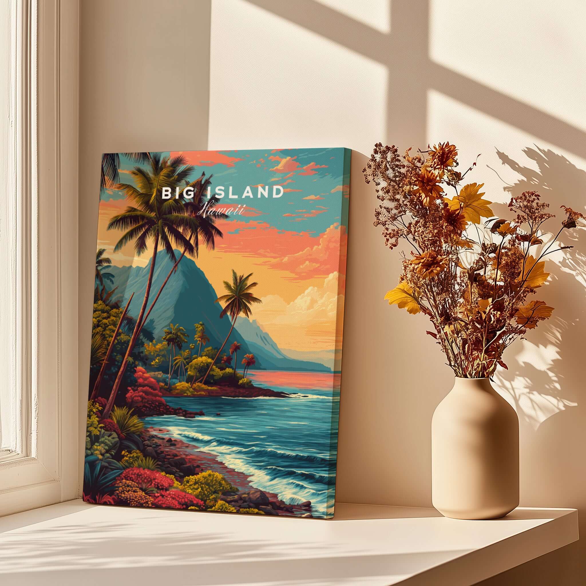 Big Island Hawaii Kona Coast Canvas Art Print | Vibrant Hawaiian Wall Art displayed in a sunlit room with a vase of flowers.