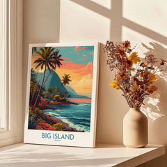 Big Island Hawaii Tropical Beach Art Print | Lush Green Coast Poster displayed on a windowsill with a vase.