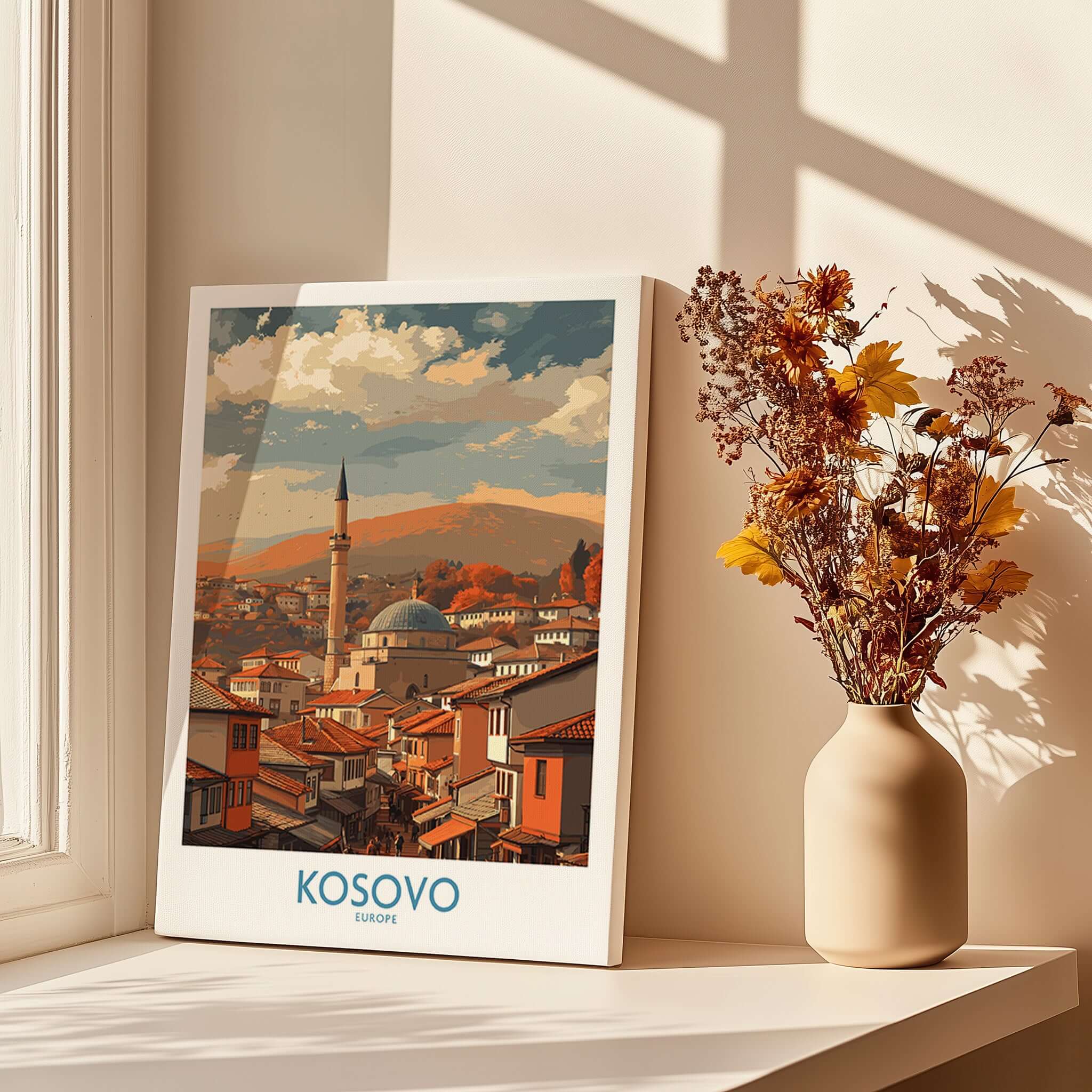 Kosovo Prizren Old Town Art Print | Historic Mosque View Poster showcasing the charming landscape of Prizren.