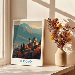 Kosovo Monastery and Mountains Art Print | Autumn Balkan Landscape Poster displayed near a vase of flowers.