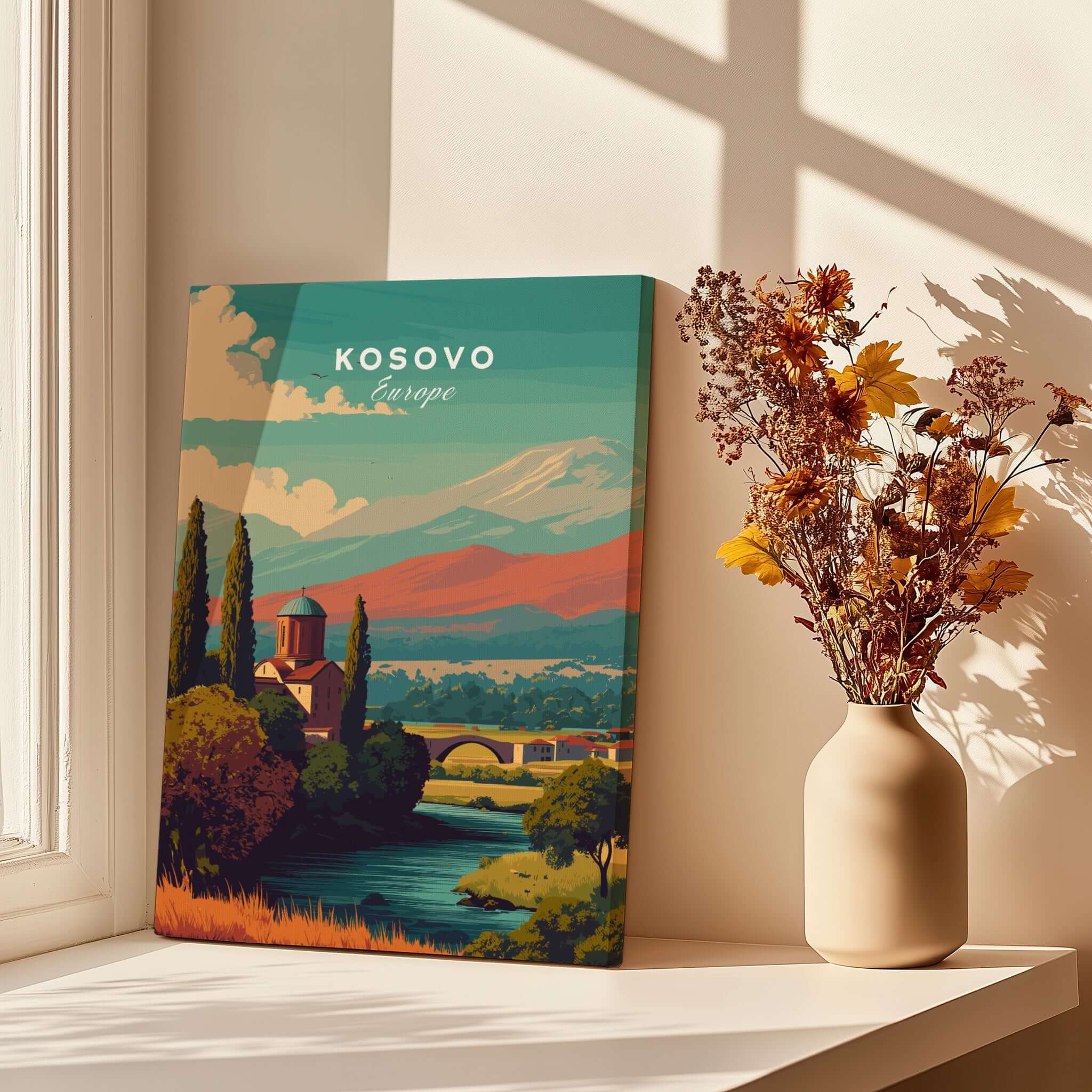 Kosovo Peja Canvas Print | European Travel Wall Art featuring scenic landscape of Kosovo with mountains and river.