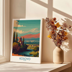 Kosovo Art Print | Snowy Mountain Balkan Poster showcasing a scenic view of Kosovo's landscape with a peaceful river.