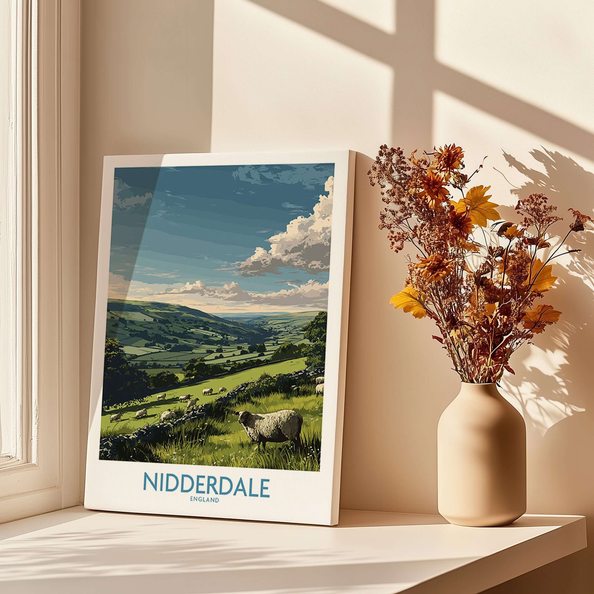 Nidderdale Art Print | Yorkshire Dales Sheep Poster displayed on a windowsill with a vase of flowers.