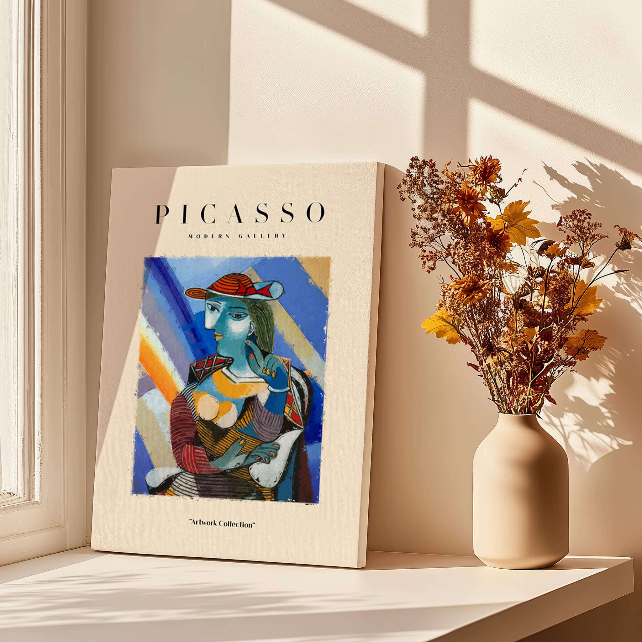 Picasso Woman Red Hat Blue Face Portrait Print Colorful Cubist Poster Artwork Collection displayed on a sunny window sill