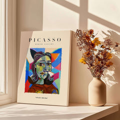 Picasso Woman Portrait Fragmented Abstract Poster Colorful Artwork Print Modern Gallery displayed in sunlit room.