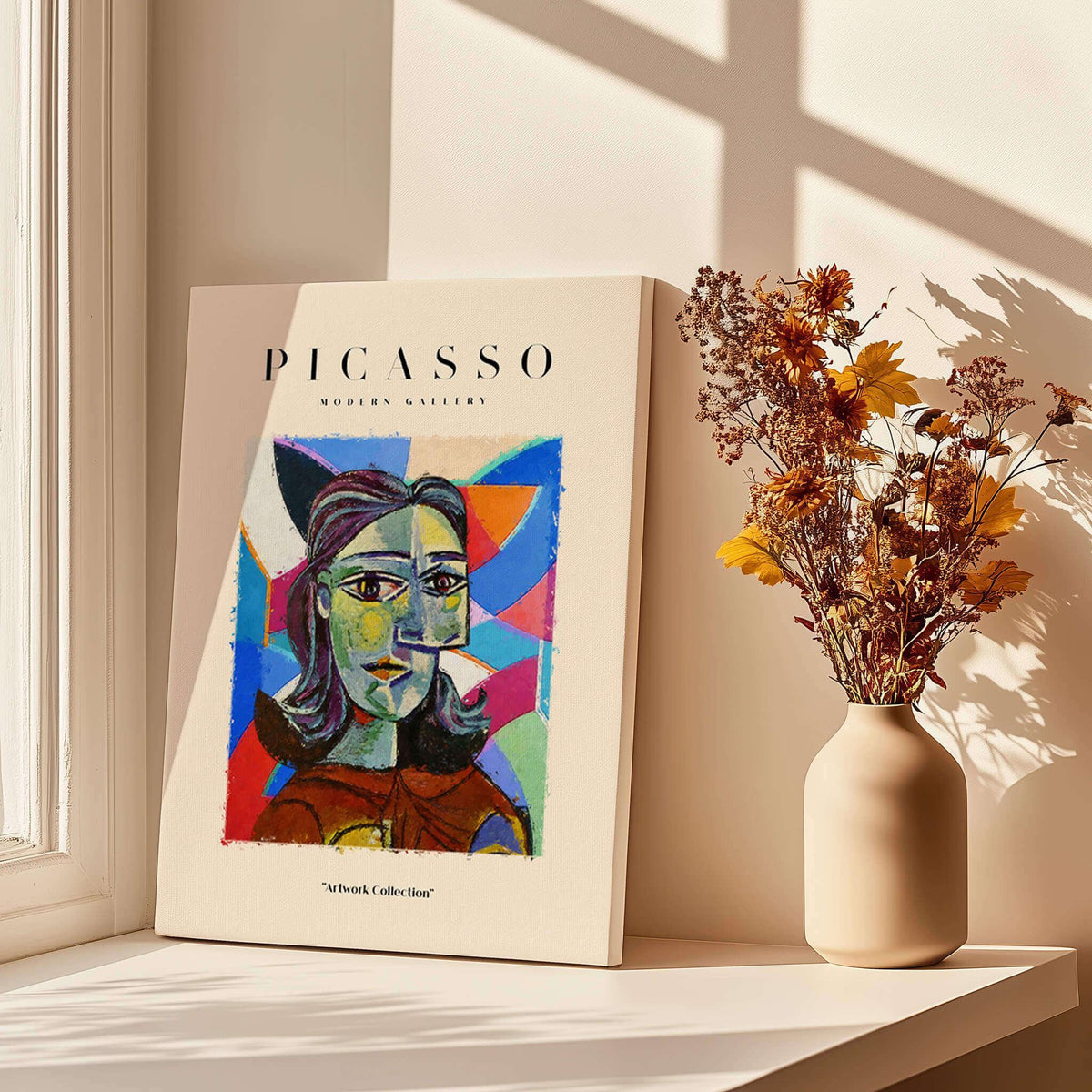 Picasso Woman Portrait Fragmented Abstract Poster Colorful Artwork Print Modern Gallery displayed in sunlit room.