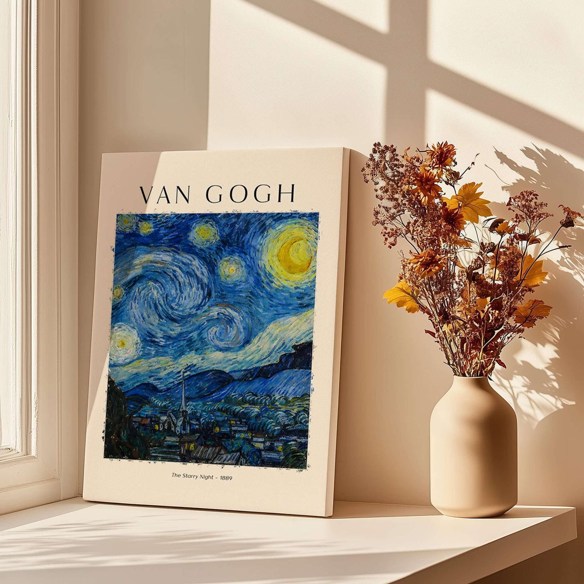 Starry Night Print:  Vincent van Gogh Poster featuring vibrant artwork in a sunlit room with a vase of flowers.