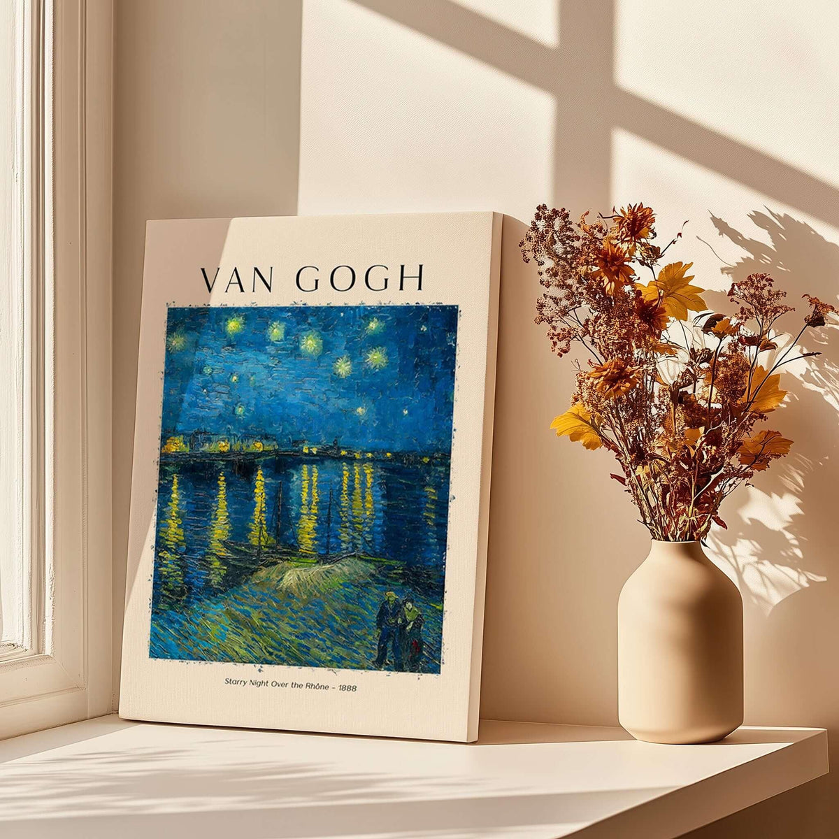 Vincent van Gogh Starry Night Over the Rhône 1888 Post Impressionist Landscape Poster Print displayed on a windowsill.