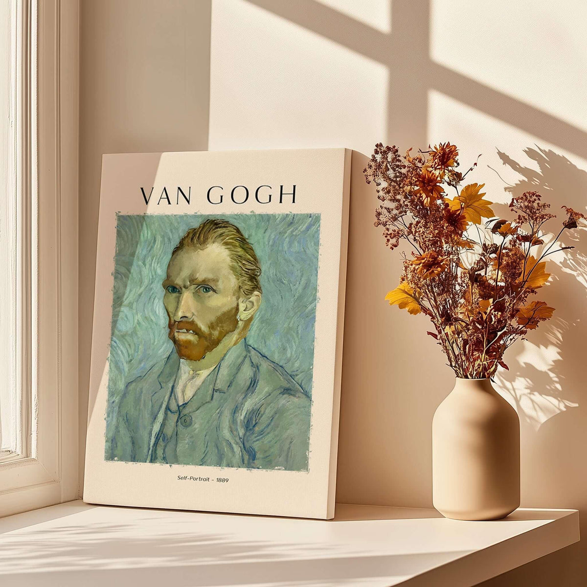 Vincent van Gogh Self Portrait 1889 Blue Post Impressionist Art Print Poster Wall Art displayed near dried flowers.
