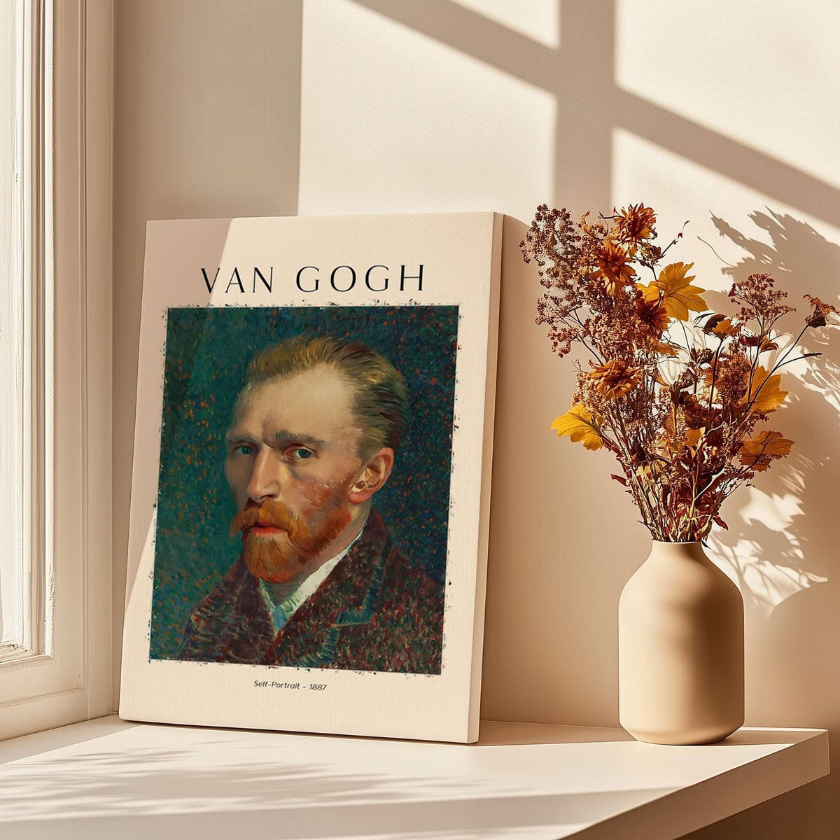 Vincent van Gogh Self Portrait 1887 Post Impressionist Artist Poster Print Wall Art displayed by a window with flowers.