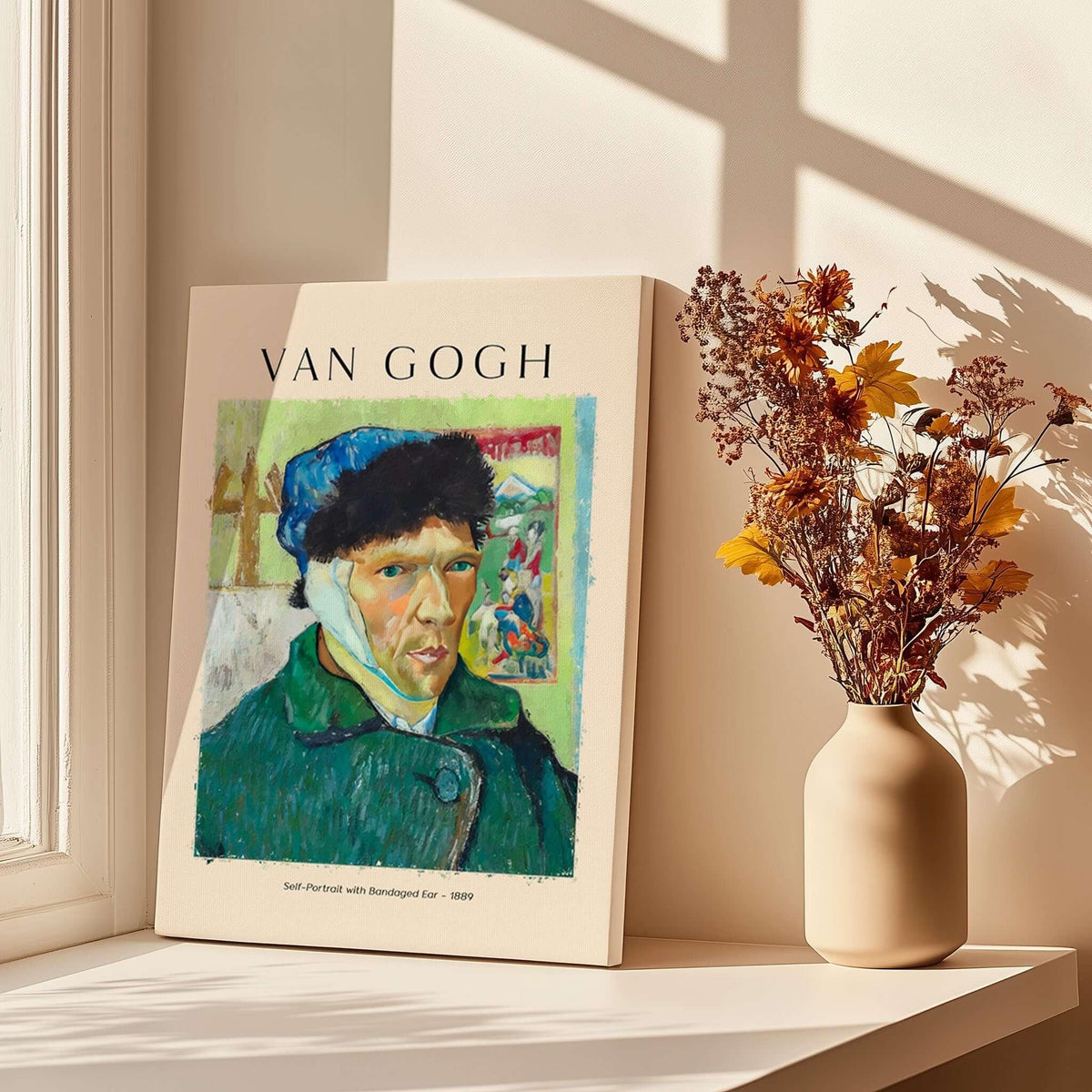 Vincent van Gogh Self Portrait Bandaged Ear 1889 Famous Art Print Poster Wall Decor on display near flowers.