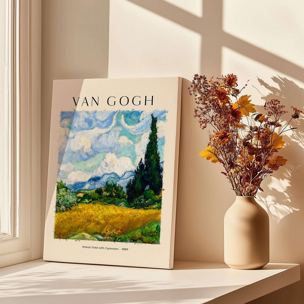 Vincent van Gogh Wheat Field with Cypresses 1889 Landscape Art Print Post Impressionist Poster displayed near flowers.