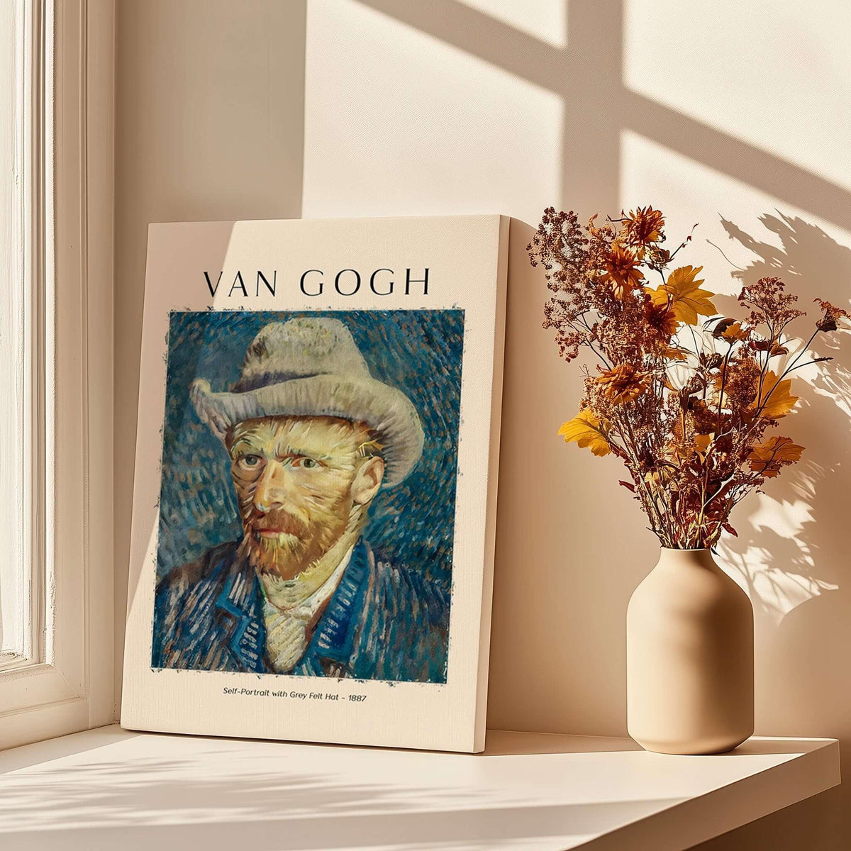 Vincent van Gogh Self Portrait Grey Felt Hat 1887 Art Print Post Impressionist Poster displayed in a bright, cozy setting.