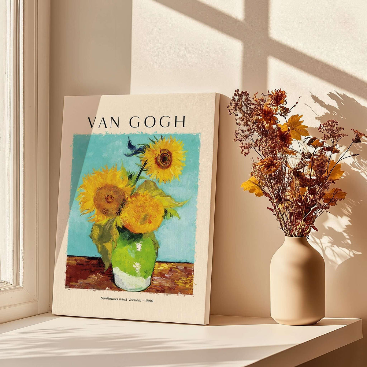 van Gogh Sunflowers Print - Sunflower Wall Art displayed by a window with a vase of dried flowers.