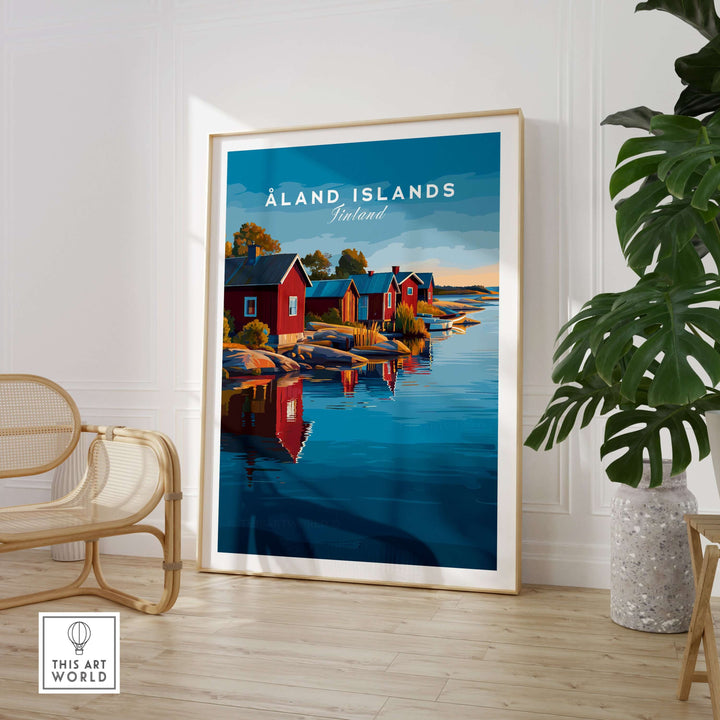 Åland Islands Print | Scandinavian Travel Home Art featuring vibrant red cabins by the water in a serene landscape.