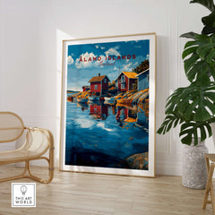 Åland Islands Poster | Scandinavian Sea Wall Decor showcasing colorful houses by the water in a modern interior setting.
