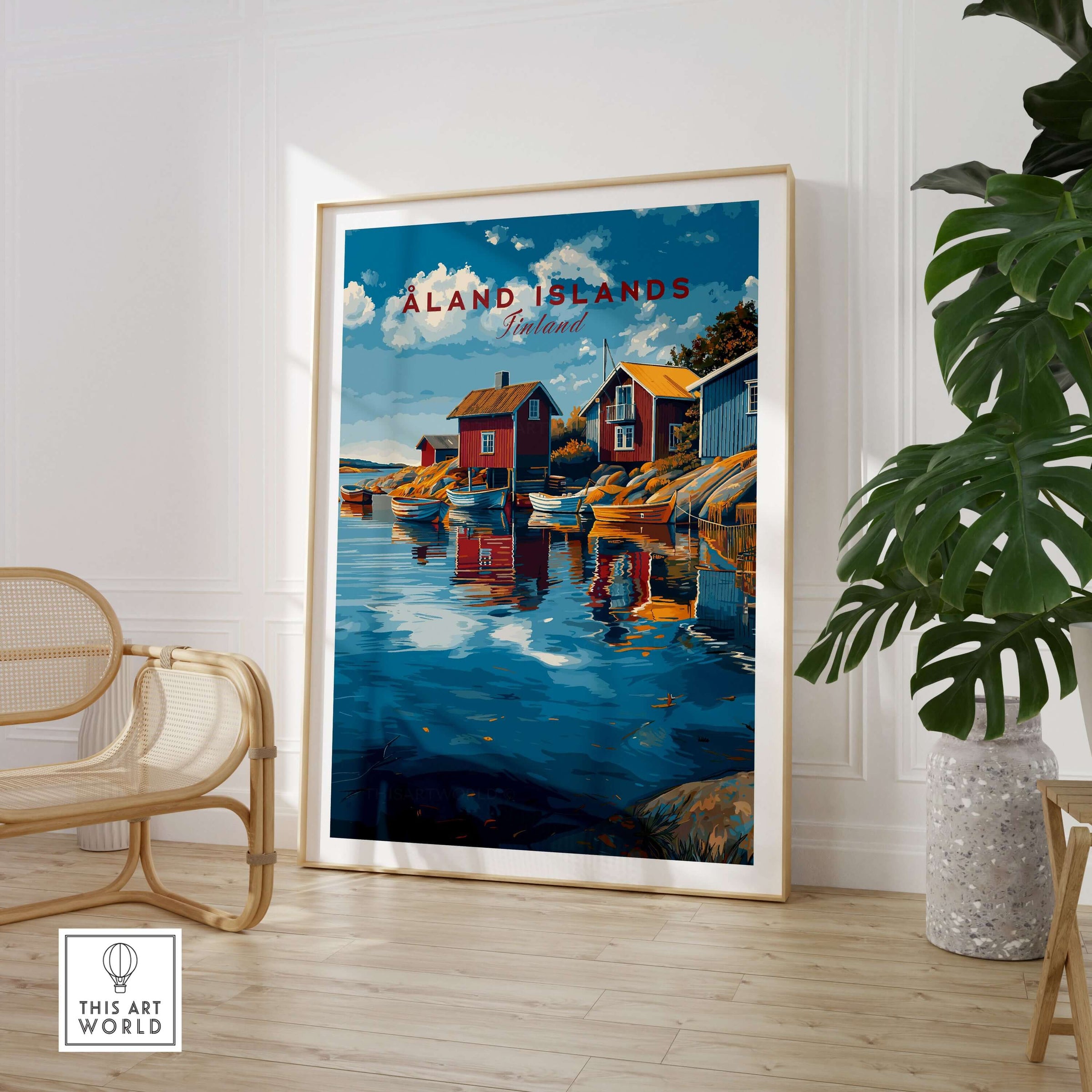 Åland Islands Poster | Scandinavian Sea Wall Decor showcasing colorful houses by the water in a modern interior setting.