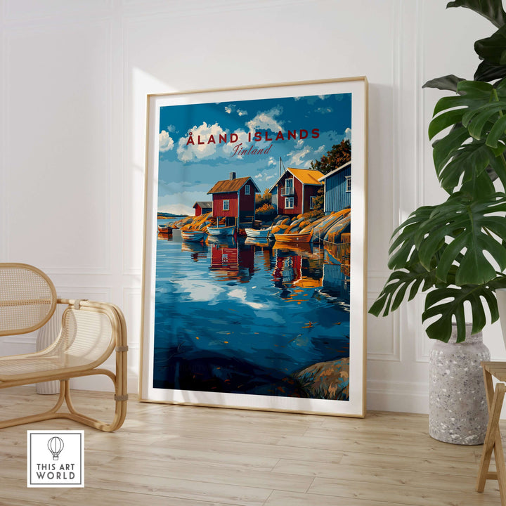 Åland Islands Poster | Scandinavian Sea Wall Decor showcasing colorful houses by the water, ideal for maritime decor.