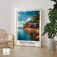 Åland Islands Lakeside Cabin Art Print | Finland Rustic Landscape Poster displayed in a modern interior with natural decor.