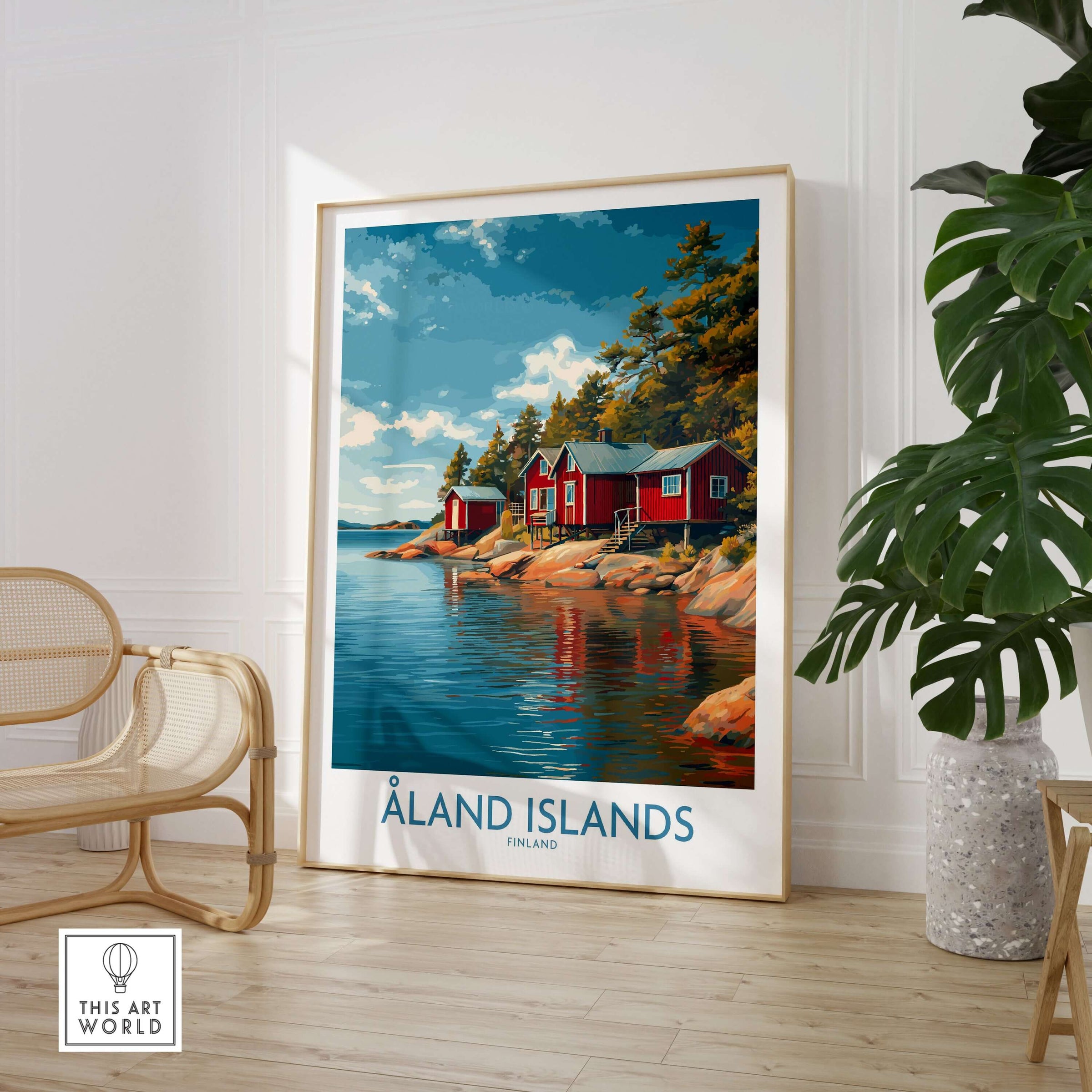 Åland Islands Lakeside Cabin Art Print | Finland Rustic Landscape Poster displayed in a modern interior with natural decor.