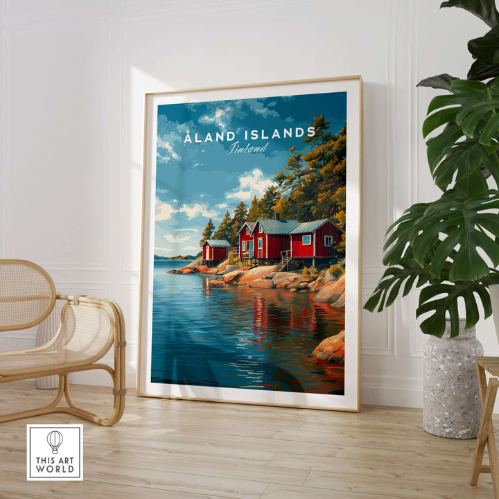 Åland Islands Picturesque Nordic Huts Print | Scandinavian Travel Wall Decor featuring red huts by the water.