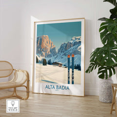 Alta Badia Italy ski wall art featuring the Italian Alps, perfect for winter decor and travel enthusiasts.