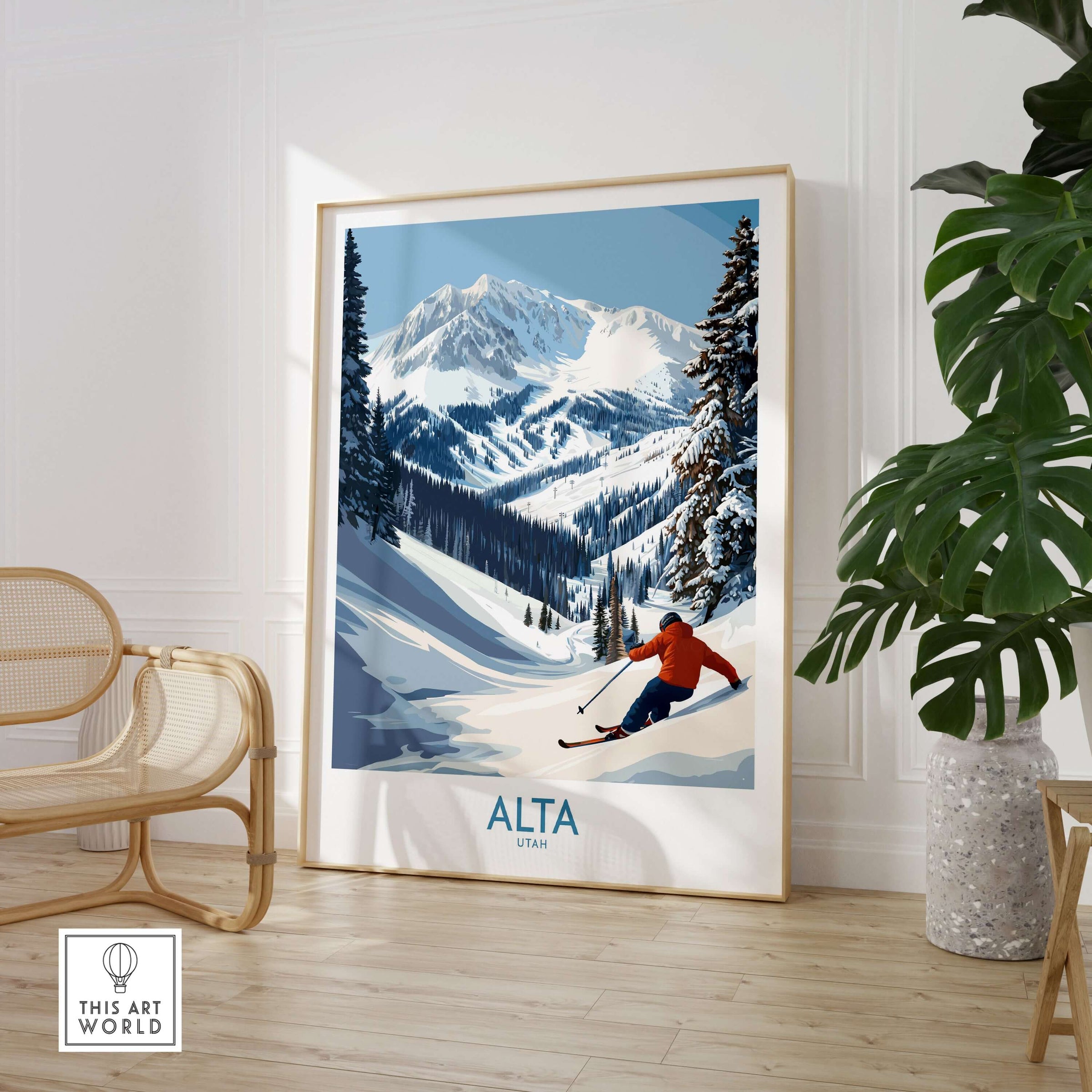 Alta Utah skiing adventure print featuring snowy slopes and mountains, perfect winter decor for ski lovers.