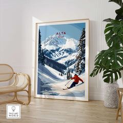 Alta Utah ski poster showcasing a skier on powder snow with picturesque mountain backdrop for winter sports enthusiasts.