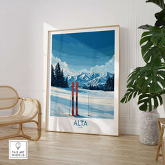 Alta Utah winter mountain landscape poster featuring skis and a snowy backdrop, perfect skiing decor for mountain lovers.