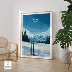 Alta Utah skis in snow artwork with mountain backdrop, perfect for ski lovers' decor.